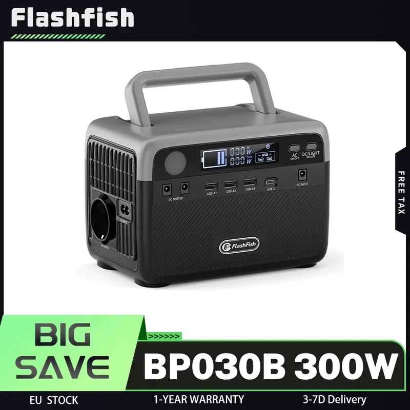 Flashfish BP030B 300 W tragbares Kraftwerk, 230,4 Wh LiFePO4-Akku, 600 W Überspannung, Wechselstromsteckdosen, Durchgangsladung, Solar