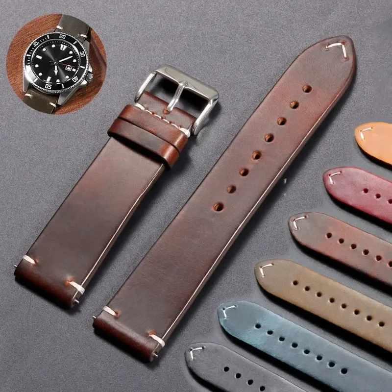 18mm 20mm 22mm Vintage Öl Wachs Leder Armband 19mm 21mm 24mm Armband Nähte Rindsleder Armband für Omega für Seiko Uhr Band