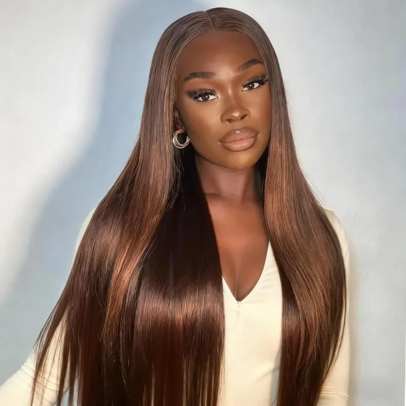 # 4 Schokoladenbraune Perücken aus Echthaar, 13x6 HD Lace Frontal, 200 Dichte, glatt, vorgezupft mit Babyhaar, kleberlose Perücken für Frauen