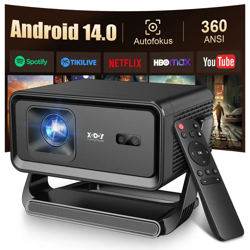 XGODY Autofokus Android14 4K Projektor 360ANSI 8K Native 720P Gimbal A1 mit Wifi6 BT5.4 8G Allwinner H726 tragbar Outdoor