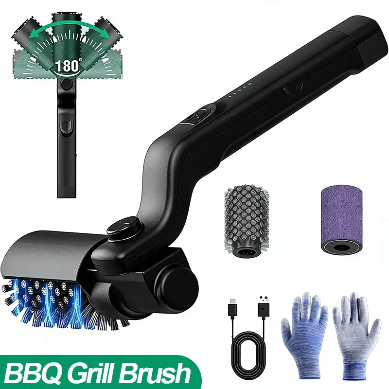 BBQ-Grillbürste, 3 Geschwindigkeitsstufen, elektrische Grillbürste, 180 °   Verstellbarer Kopf, 90 Minuten Grillreiniger für Grillplatten im Freien, Raucher