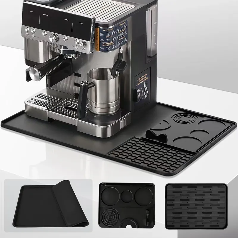 Silikon-Kaffeemaschinenmatte, 3-in-1, für die meisten Espressomaschinen zu Hause, große rutschfeste Silikonmatte, Tablett, Barmatte, schwarz-graue Unterlage