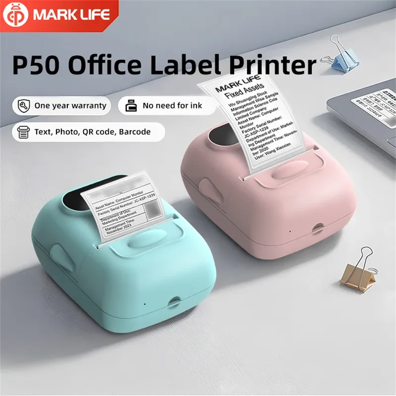 Marklife P50 Mini kabelloser Etikettendrucker, tragbarer Aufkleberdrucker, tintenlose, Bluetooth-kompatible Etikettenmaschine für IOS und Android