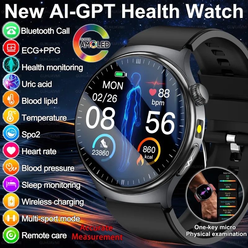 2026 Neue Präzise Diagnose-Smartwatch mit Körperfett-, EKG-, Blutsauerstoff- und Blutdruckmessung, Gesundheits- und Sportfunktionen, HD AMOLED-Bildschirm, Anruffunktion für Männer und Frauen