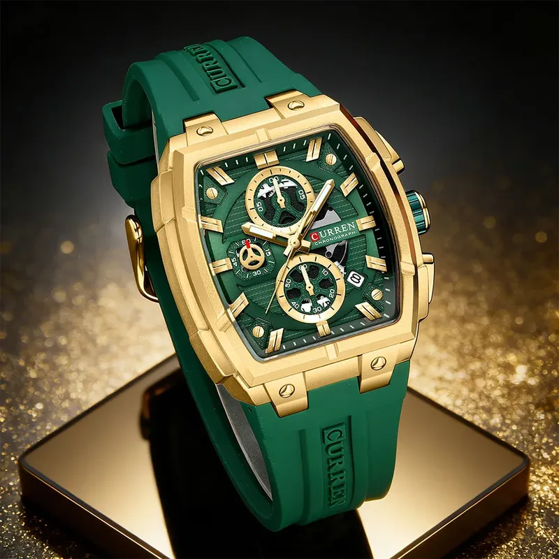 CURREN Luxus-Vintage-Uhr für Herren, Sport-Chronograph, Quarz-Armbanduhr mit Silikonarmband, Datum, Leuchtfunktion