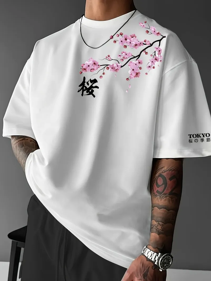 Sommer-T-Shirt für Herren mit Kirschblütenmuster im japanischen Stil, lockeres T-Shirt, geeignet für den täglichen Gebrauch, 100 % Baumwollmaterial, trendig, vielseitig