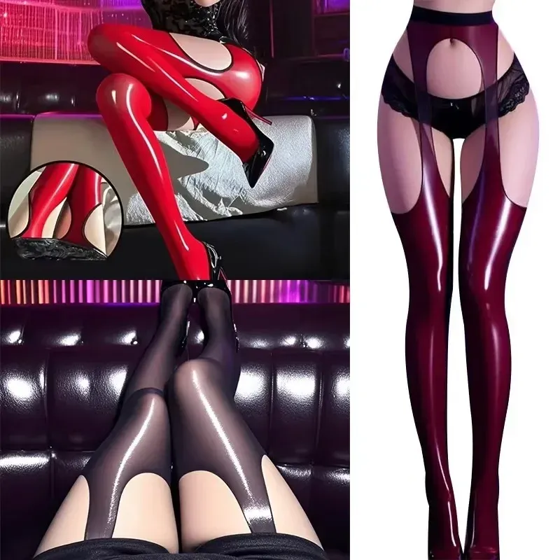 Sexy vierseitige aushöhlen schwarz rote Strümpfe Frauen Strumpfhosen Öl glänzen dünne Dessous Sommer ölähnliche Strumpf nahtlose Party tragen