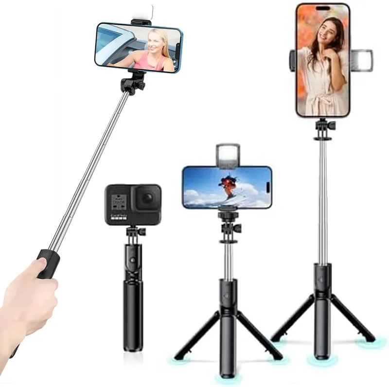 3-in-1-Bluetooth-Selfie-Stativ mit Fülllicht, Fernauslöser, tragbares, faltbares Einbeinstativ für iPhone und Smartphones