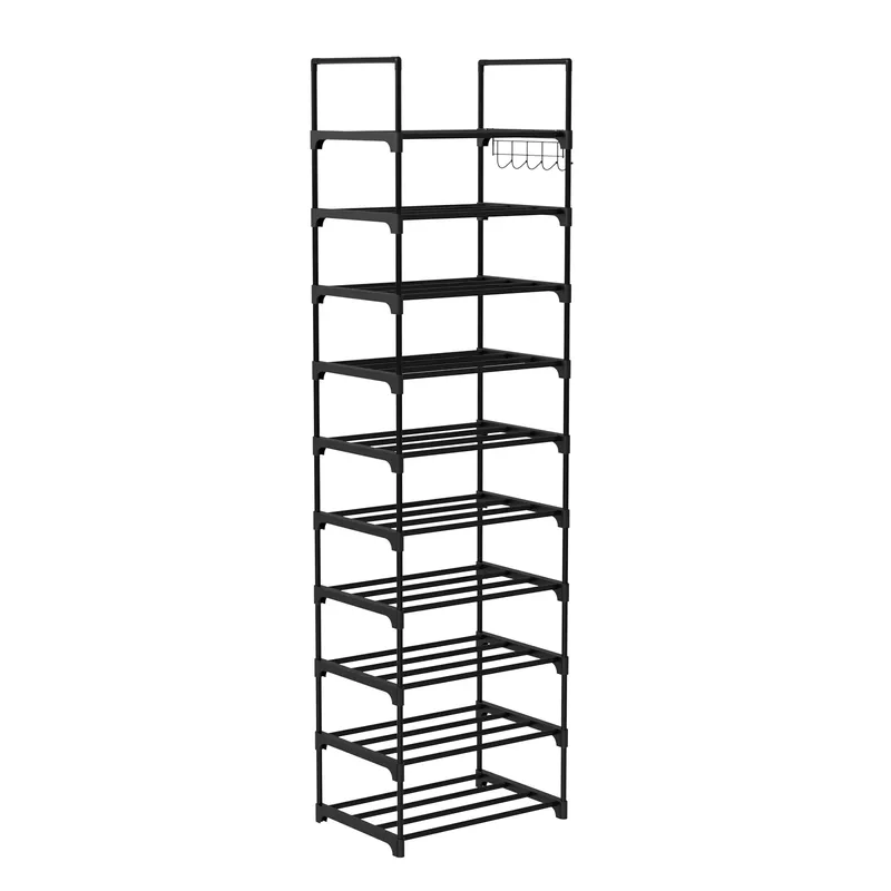 Schuhregal mit 10 Ebenen, Schuhaufbewahrungsorganisator aus Metall mit Haken, DIY-Design, Metallrahmen, platzsparendes Regal, 30 x 43 x 174 cm, Schwarz