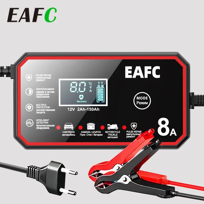 EAFC 12V Autobatterieladegerät 8A/6A Auto- und Motorradbatterieladegerät Blei-Säure-Batterie Smart Pulse Repair LCD-Display