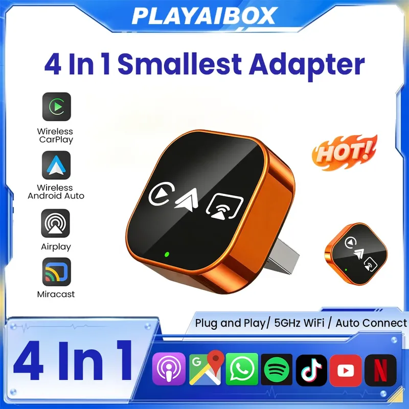 2026 4-in-1 Neuer Upgrade Carplay Adapter Kabelloses Android Auto Mirror Link Smart Mini AI Box USB Plug-and-Play Auto-Verbindung WLAN