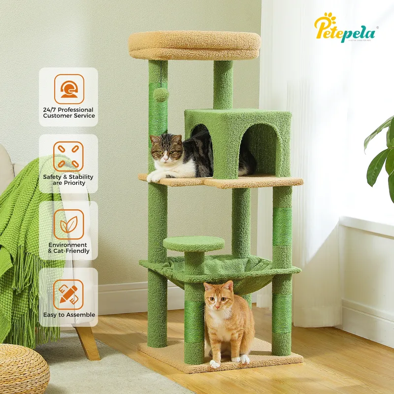 Kratzbaum für Hauskatzen, 5-stufiger Katzenturm für große Katzen mit Metallrahmen, große Hängematte, Katzenwohnung mit großer Sitzstange oben
