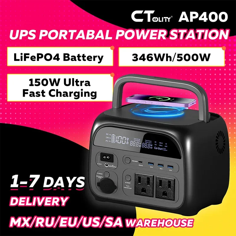 CTOLITY AP400 500 W Solargenerator Tragbares Kraftwerk 345 Wh LiFePO4-Batterie 110 V 220 V AC-Ausgang Zuhause Camping Reisen Wohnmobile