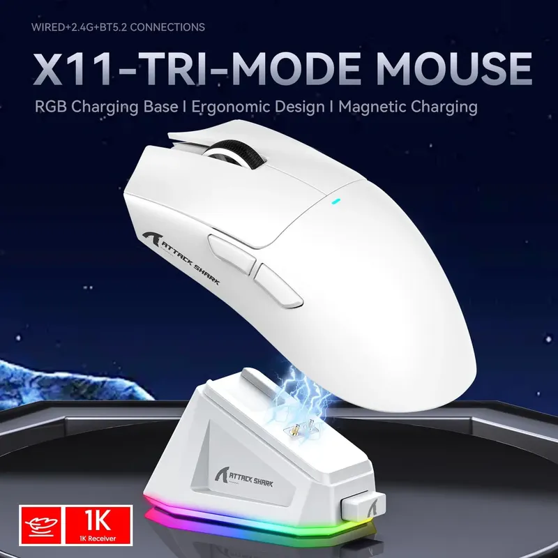 Angriff Hai x11 Gaming-Maus magnetisches Ladedock Pixart Paw3311 Gaming-Sensor 2,4 dpi BT/g drahtlose/kabel gebundene Gaming-Maus