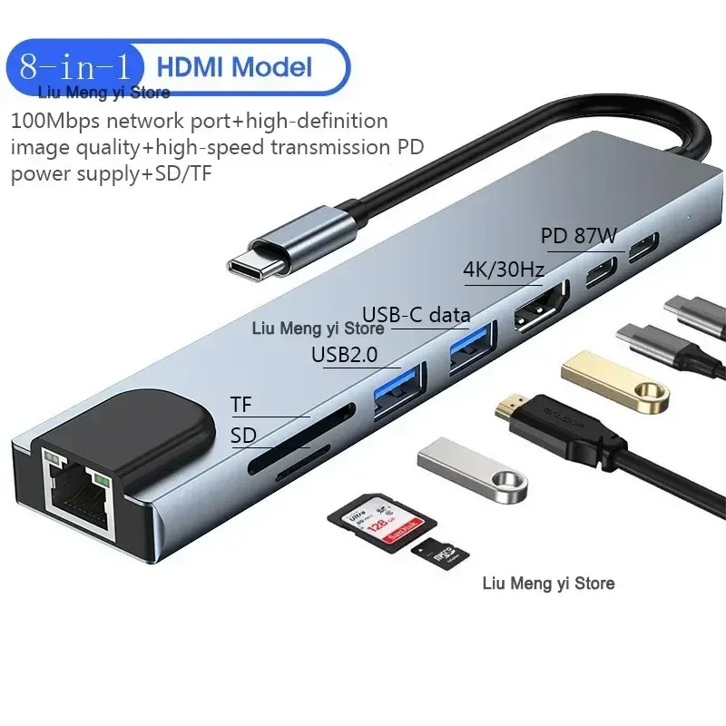 USB C Hub 8 in 1 Typ C 3.1 auf 4K HDMI Adapter mit RJ45 SD/TF Kartenleser PD Schnellladung für Laptop-Computer
