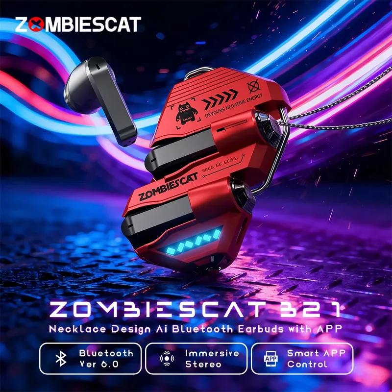 Zombies Cat AI-Übersetzungs-Kopfhörer Bluetooth 6.0 Ohrhörer im Halsketten-Design Immersives Musik-TWS-Wireless-Headset mit Smart-App