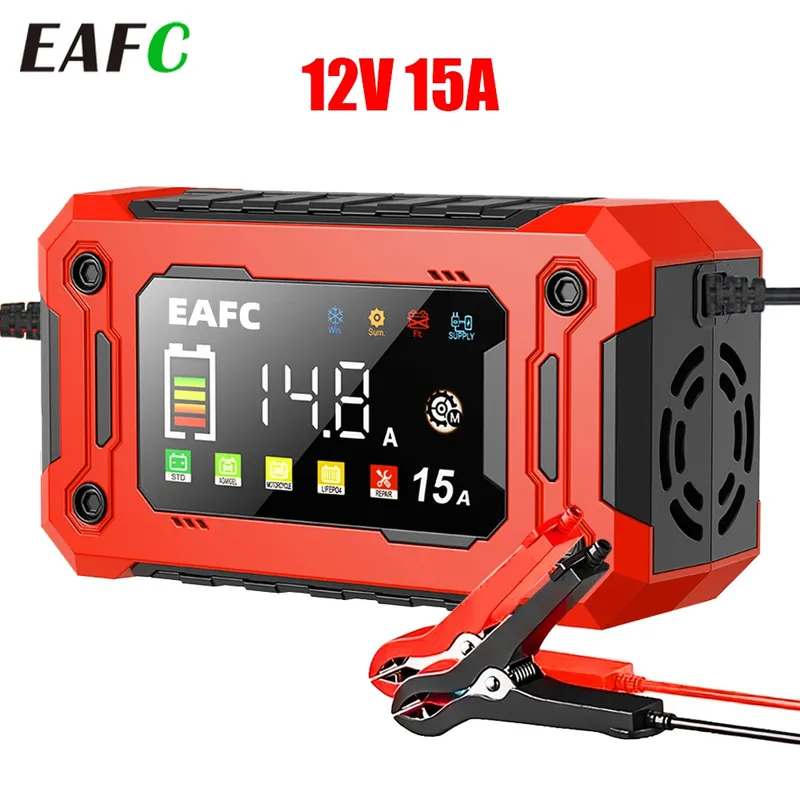 EAFC 12V 15A 8A Autobatterieladegerät Großer Bildschirm Pluse Reparaturladegerät für Auto Moto SUV Lithium AGM Blei-Säure-GEL LCD-Display
