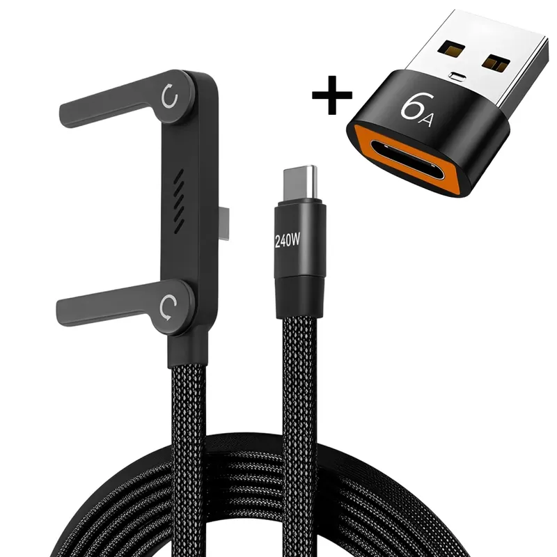 240W PD 2-in-1 Schnellladekabel mit faltbarem Telefonhalterständer für iPhone Samsung Xiaomi Tablet Laptop Ladekabel+USB OTG