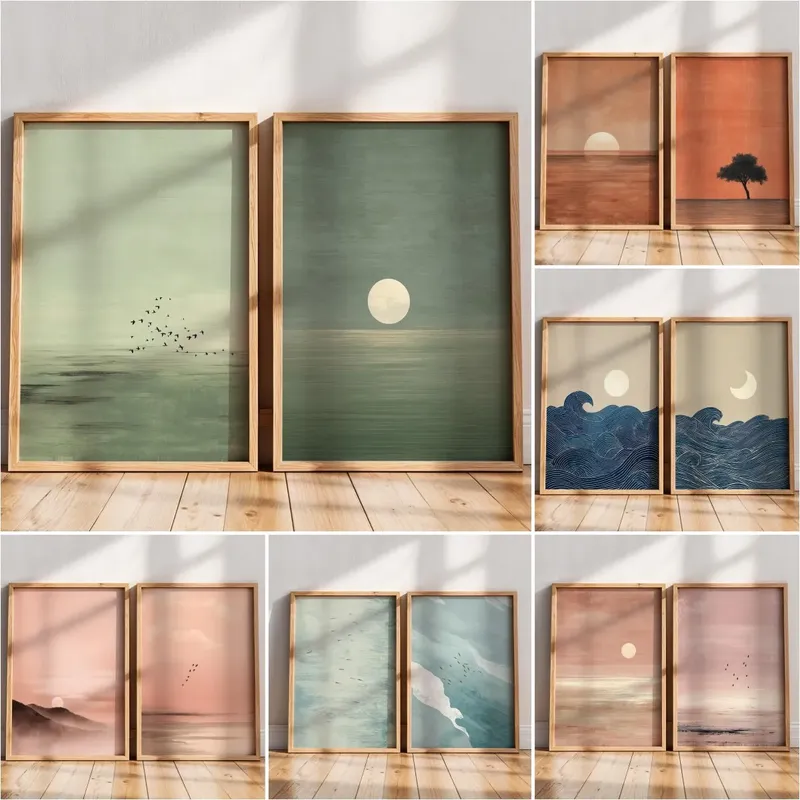 Japandi Wandkunst, minimalistischer rosa Sonnenuntergangsdruck, skandinavisches Zen-Dekor, abstraktes Landschaftskunstwerk, Erdtöne, Boho-Wanddekoration