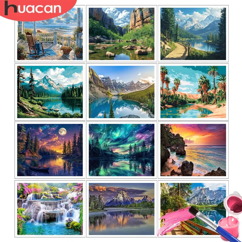 HUACAN Ölgemälde nach Zahlen, Berglandschaft, einzigartiges Geschenk, Hobby, kreatives Malen nach Zahlen, See, Fluss, Heimdekoration