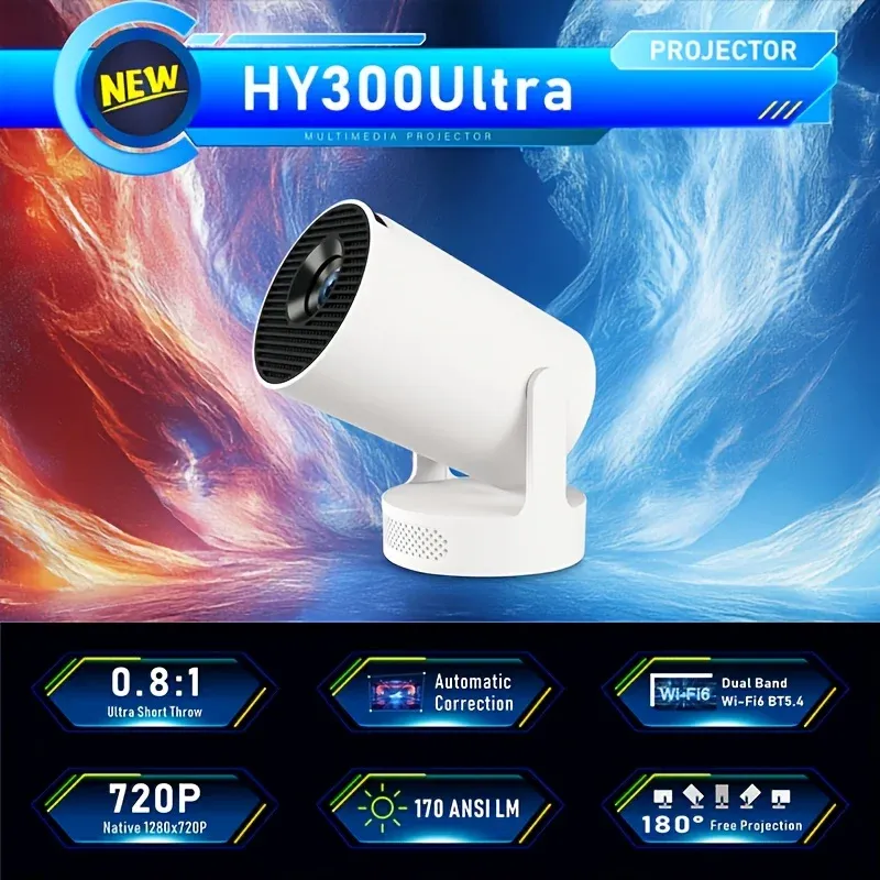 NEUER HY300Ultra Smart Projektor: Android 11, Quad-Core A53, WiFi 6, 720P/4K, 170 ANSI Lumen. Tragbar für kompakte Räume.
