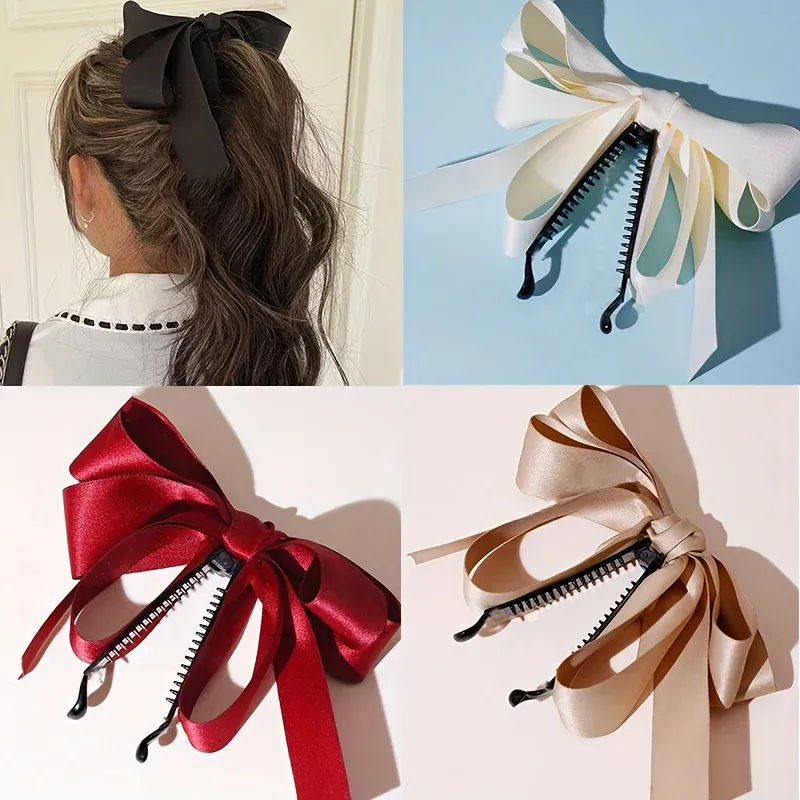 Elegante Haarspange mit Schleife für Damen - Vintage Französischer Stil Haaraccessoire, Große Satin-Schleife, Rutschfester Federschnappverschluss
