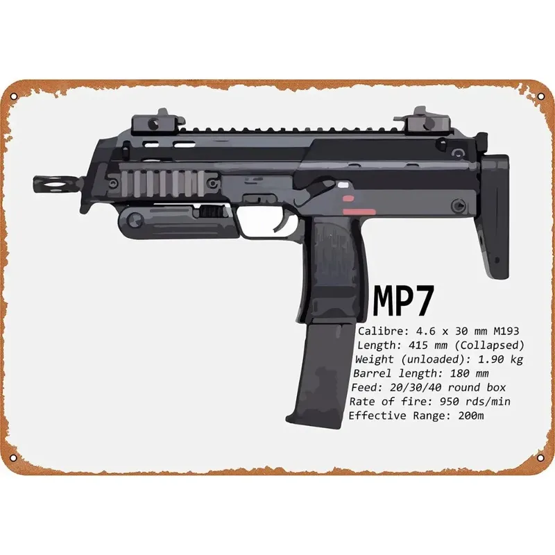 MP7 PDW Maschinenpistole Metall-Blechschild Wanddekoration Männerhöhle Militärfan Geschenk Heim Bar Pub Dekorative Militärposter 12x8 Schild