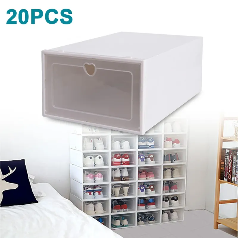 20er-Pack Schuhkartons, stapelbar, faltbar, transparenter Kunststoffbehälter, Schuhkarton mit Deckel, weißer Schuh-Organizer mit Schublade