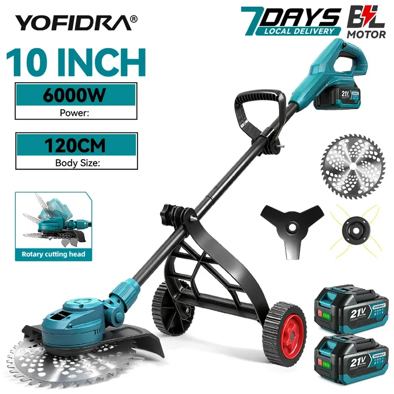 YOFIDRA 6000W 10-Zoll Bürstenloser Elektrischer Rasenmäher Faltbarer Grasschneider Trimmer Gartenwerkzeug für Makita 21V Akku