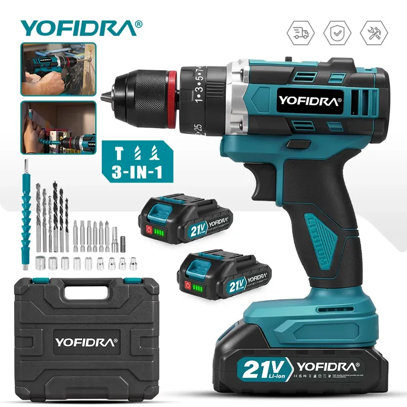 YOFIDRA Elektrischer Schlagbohrer 25+3 Drehmomentstufen, Handgeführter Akku-Schlagbohrer 3-in-1, Holzbearbeitungs-Elektrowerkzeug für Makita 21V Akku