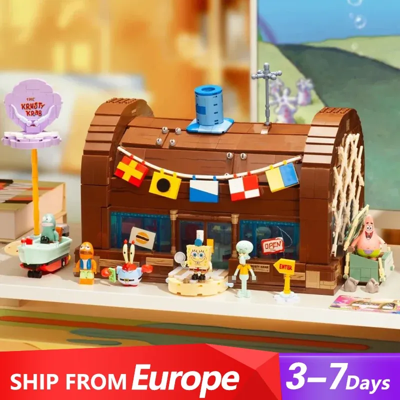 SpongeBob Schwammkopf Bausteine Cartoon Kreative Krusty Krab Restaurant 6-figur Modell Ziegel Puzzle Spielzeug Kinder Geschenk