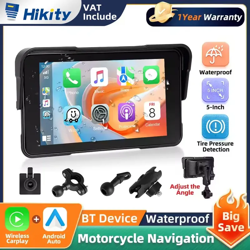 Hikity 5-Zoll-Bildschirm, kabelloses Carplay, sichere Motorrad-GPS-Navigation, unterstützt Touchscreen-Monitor, Android Auto, TF-Karte