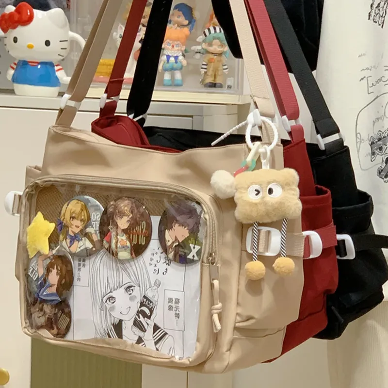 Ita-Tasche für Damen, Cartoon-Büchertasche mit durchsichtigem Fenster, Teenager-Schultasche, verstellbarer Riemen, stilvolle Umhängetasche, trendige Outdoor-Tasche