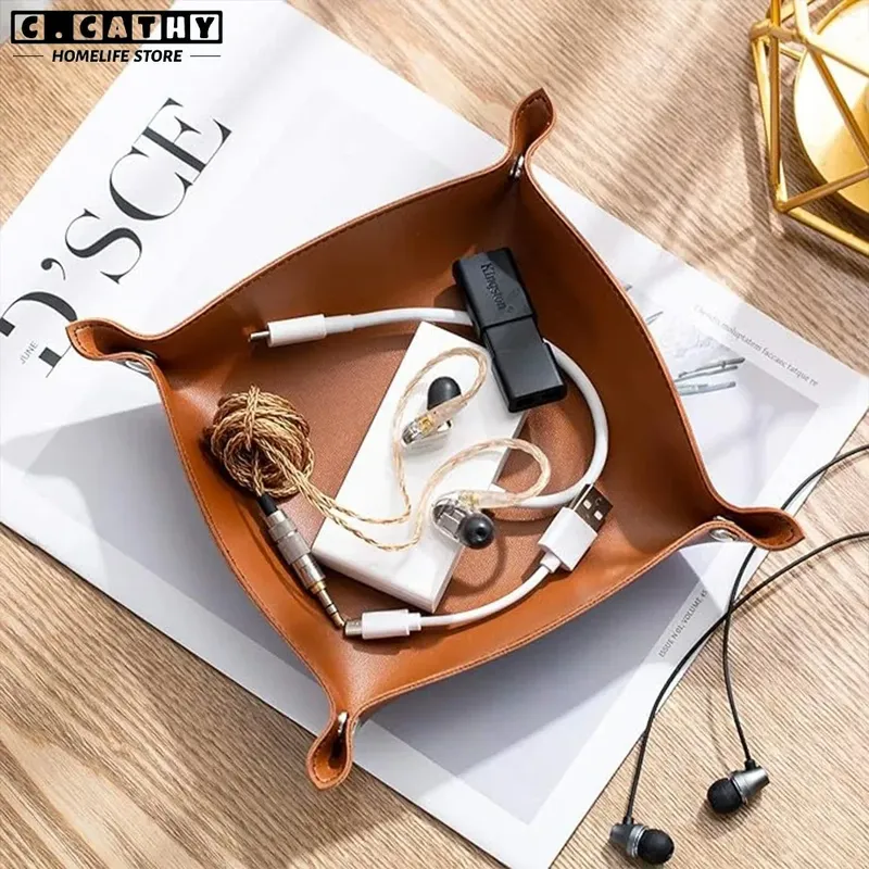 1PC 25X25CM Leder Tablett Faltbare Tisch Lagerung Box Schmuck Schlüssel Münze Schreibtisch Top Organizer Eingangsbereich Nachttisch hause Dekoration