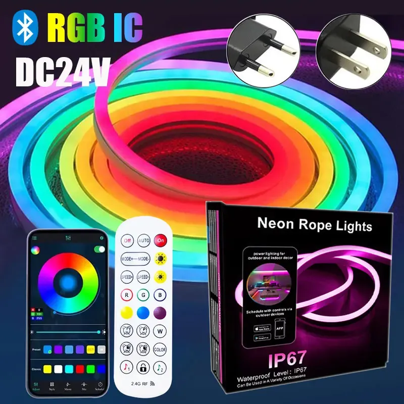 24V Adressierbare Neon-LED-Lichterkette 5M 10M 15M 20M Bluetooth-Fernbedienung Wasserdichte Außenbeleuchtung RGBIC-Streifen Neon-RGB-Band