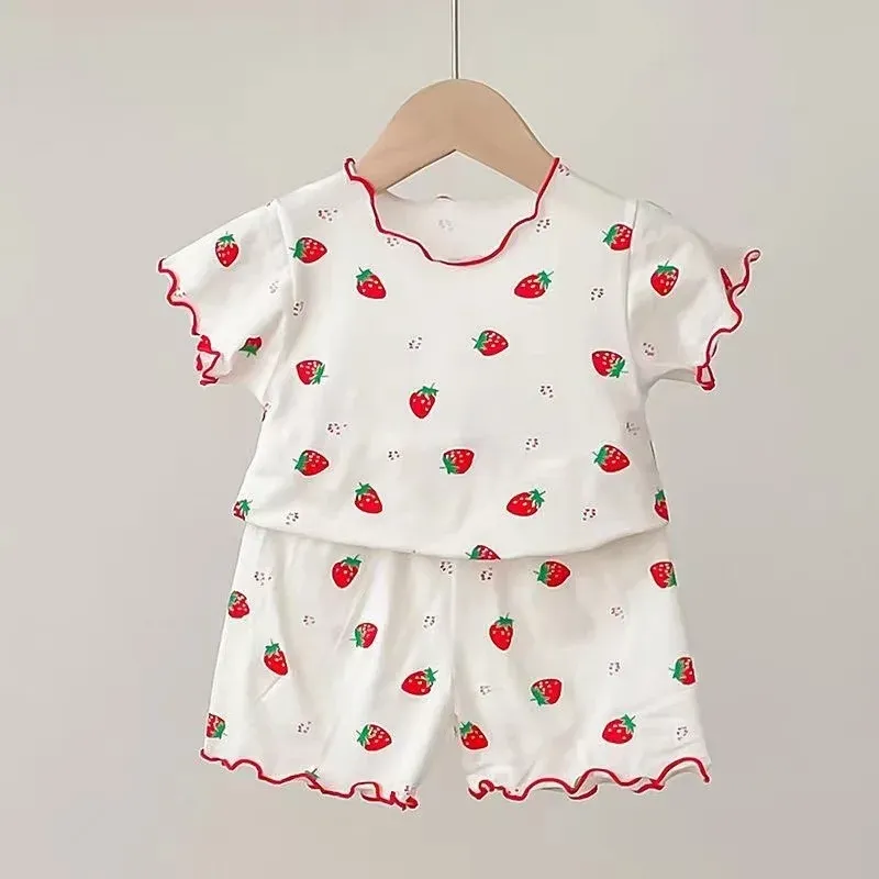 Erdbeer-Pyjama-Set für Babymädchen, Sommer, kurzärmelig, dünn, zweiteilig, Kleinkinder-Schlafanzug, Baby-Heimkleidung