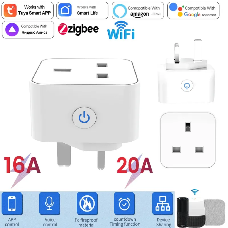 Tuya Smart Steckdose 16A/20A WiFi oder Zigbee UK-Stecker 3-Pin-Adapter für Zuhause mit Alexa Sprachsteuerung und Energieüberwachungsfunktion