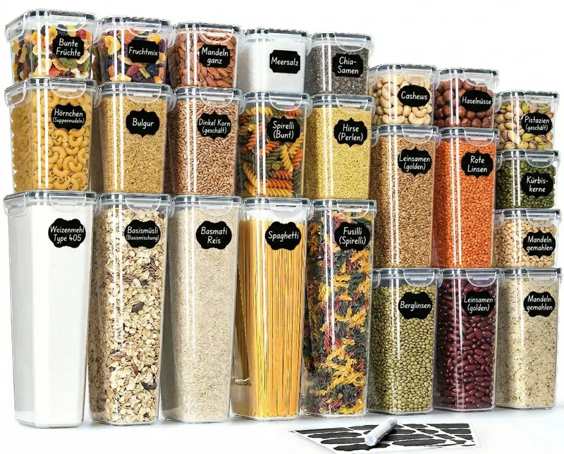 Vorratsdosen mit Deckel luftdicht 25er Set – BPA-freie Aufbewahrungsbox Küche für Mehl, Müsli, Zucker, Spaghetti & Nudeln, stapelbare Vorratsbehälter 2,8L/2,0L/1,4L/0,8L, spülmaschinenfest
