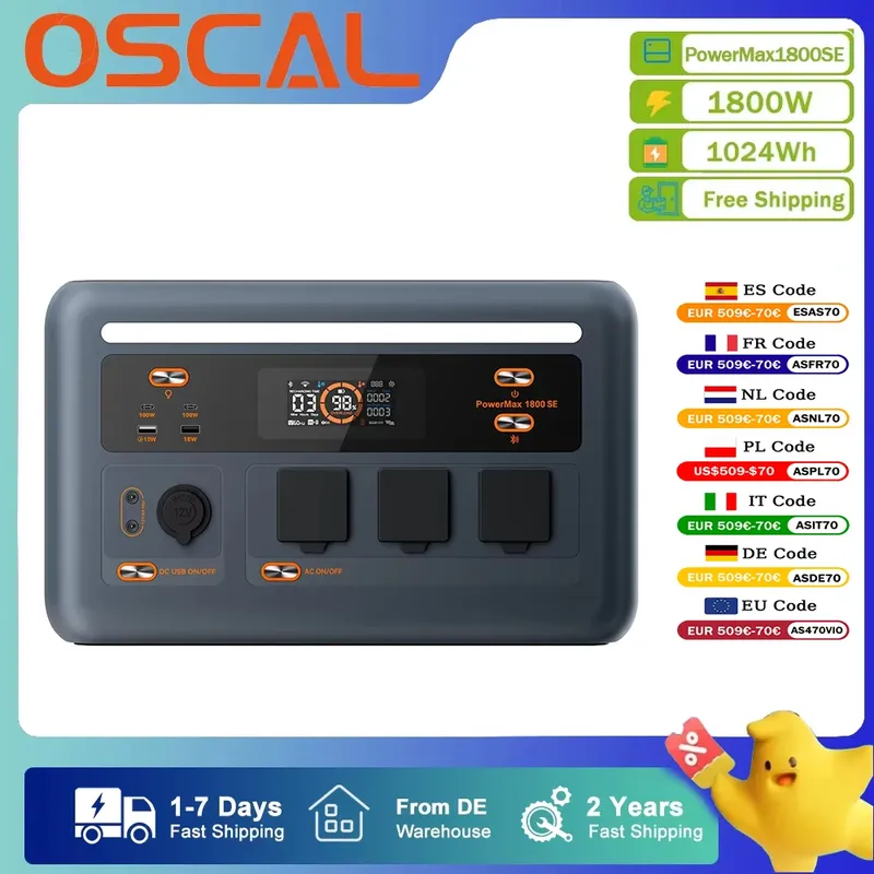 OSCAL PowerMax1800SE Tragbare Powerstation 1800W Solargenerator 1024Wh LiFePO4-Akku Notstromversorgung für Zuhause Outdoor-Camping Mobile Stromversorgung