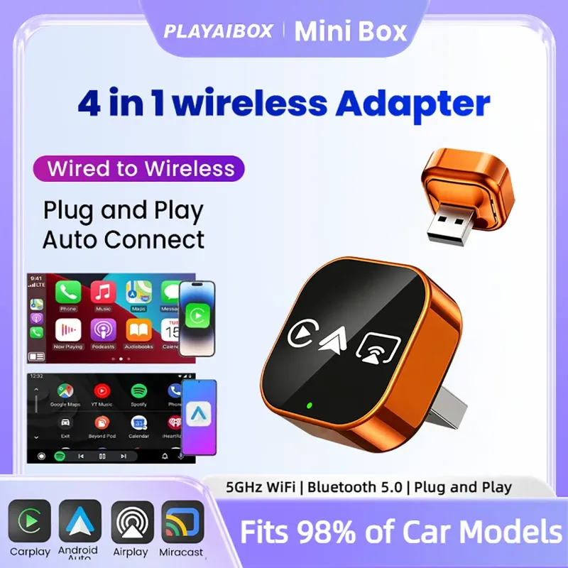 4-in-1 Neuer Upgrade Carplay Adapter Kabelgebunden zu Kabellos Android Auto Mirror Link Smart Mini AI Box USB Plug-and-Play Bluetooth WiFi