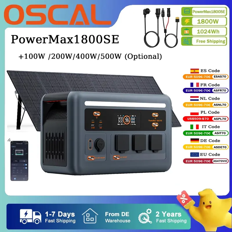 OSCAL PowerMax1800SE Tragbare Powerstation 1800W 1024Wh LiFePO4 Solargenerator +100W/200W/400W/500W Solarmodul Optional