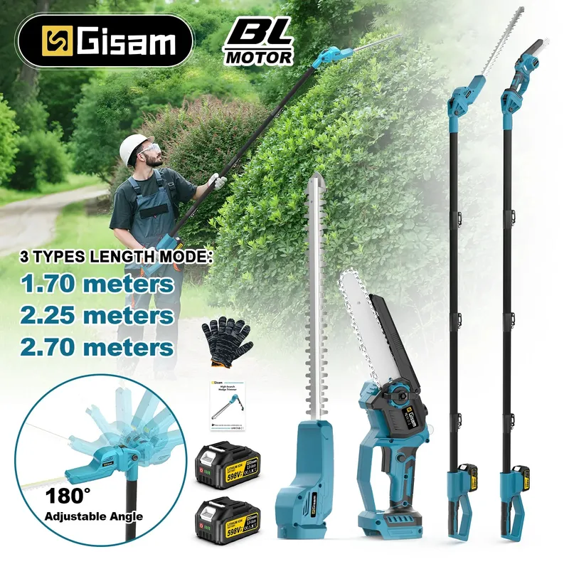 Gisam 2-in-1 Bürstenloser Hochastsäge- und Heckenschneider, kabelloses Multifunktionswerkzeug, Trimmer und Kettensäge für Makita 18V Akku.