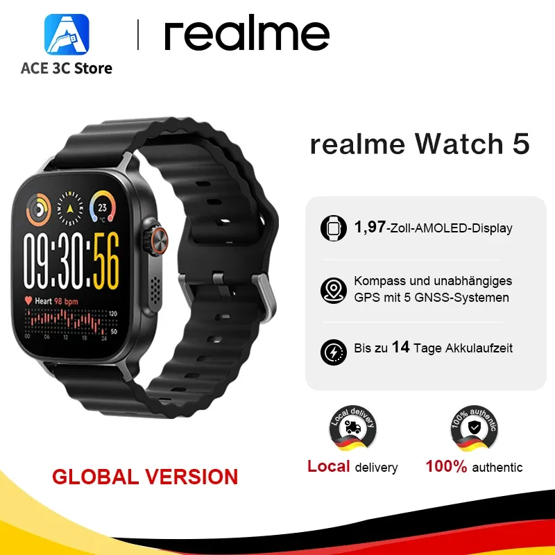 Globale Version realme Watch 5 Smartwatch Kompass & unabhängiges GPS mit 5 GNSS 1,97 Zoll AMOLED-Display Bis zu 14 Tage Super-Langzeit