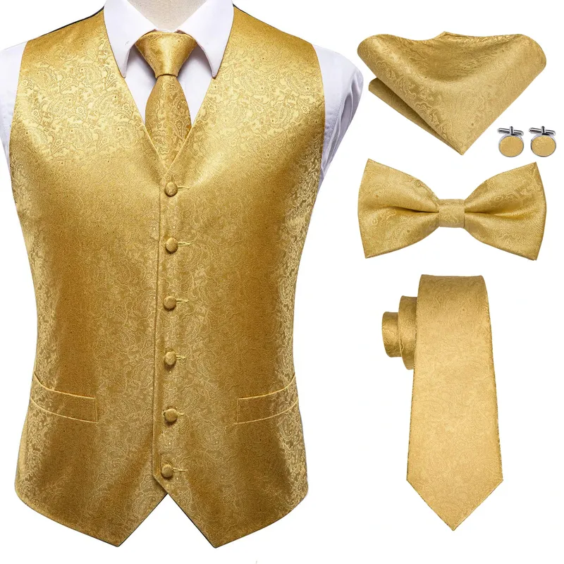 Luxuriöse Goldene Herren-Anzugweste Rot Blau Grün Gelb Rote Weste Krawatte Fliege Einstecktuch Manschettenknöpfe Set Herren-Weste Hochzeit Büro