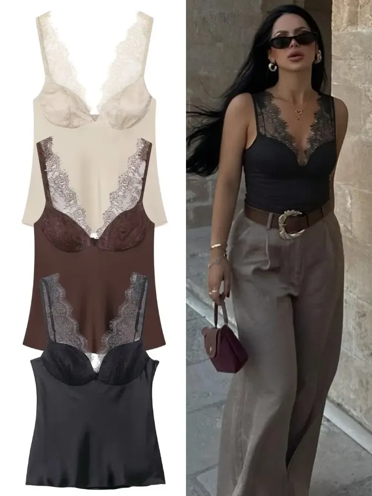 HH Elegante Damen Spitzenbesatz Sexy Satin-Trägertops 2026 Frühling Sommer Mode Damen V-Ausschnitt Rückenfreie Schlankmachende Unterwäsche Weste
