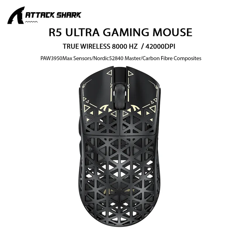 ATTACK SHARK R5 ULTRA kabellose Gaming-Maus – 8K-Polling, PAW3950MAX-Sensor, 42.000 DPI, ultraleichte Kohlefaser für Pro Esport