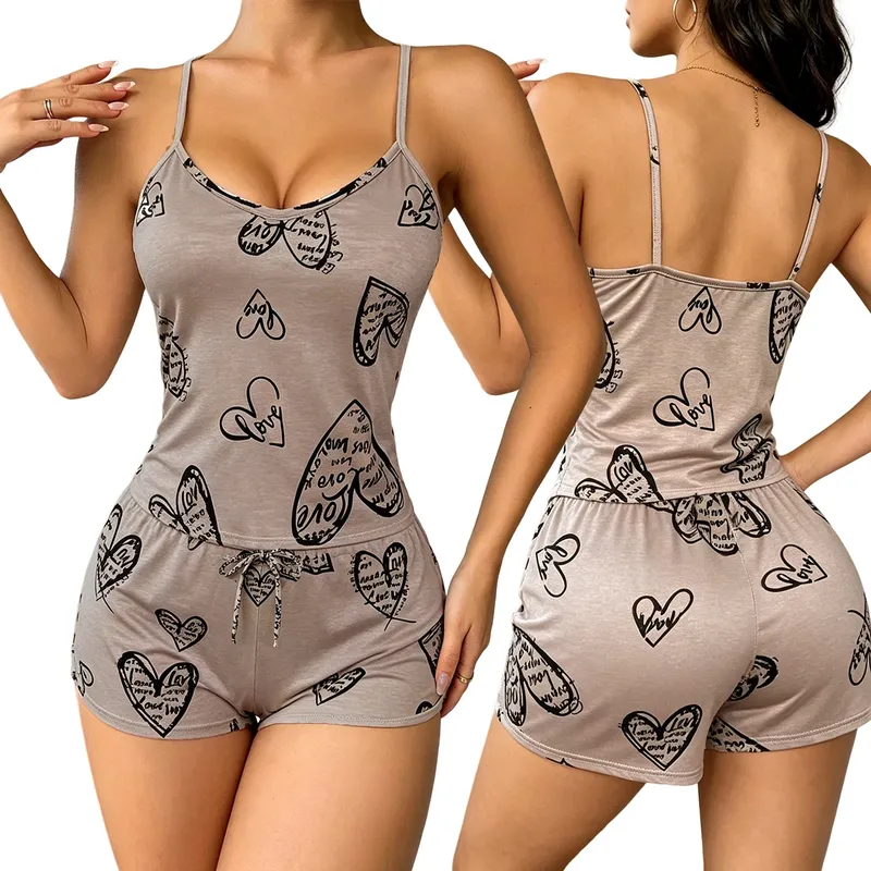Damen Pyjama Schlafanzug 2-teiliges Set Camisole Shorts Cartoon-Print Cami-Top Rückenfreies Milchseide Komfortables Pyjama-Set Loungewear