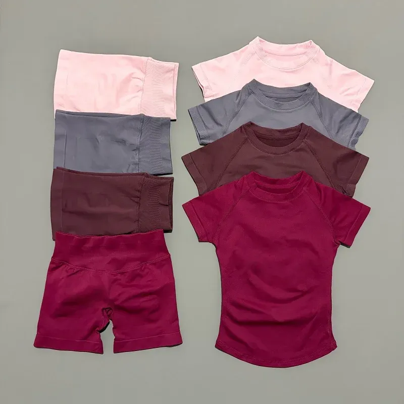 2-teiliges HISTELLO Sportset, kurzärmelig, nahtlos, Yoga-Top, Fitness-Set für Damen, Workout, Laufen, Sportshorts, Turnanzug