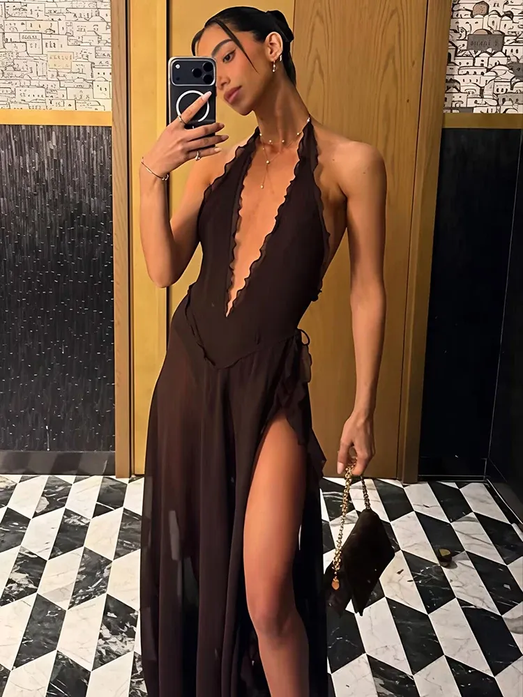 Mozision Halter Tiefer V-Ausschnitt Rückenfreies Sexy Maxikleid Damen Elegantes Schulterfreies Ärmelloses Hochgeschlitztes Club-Party Langes Kleid