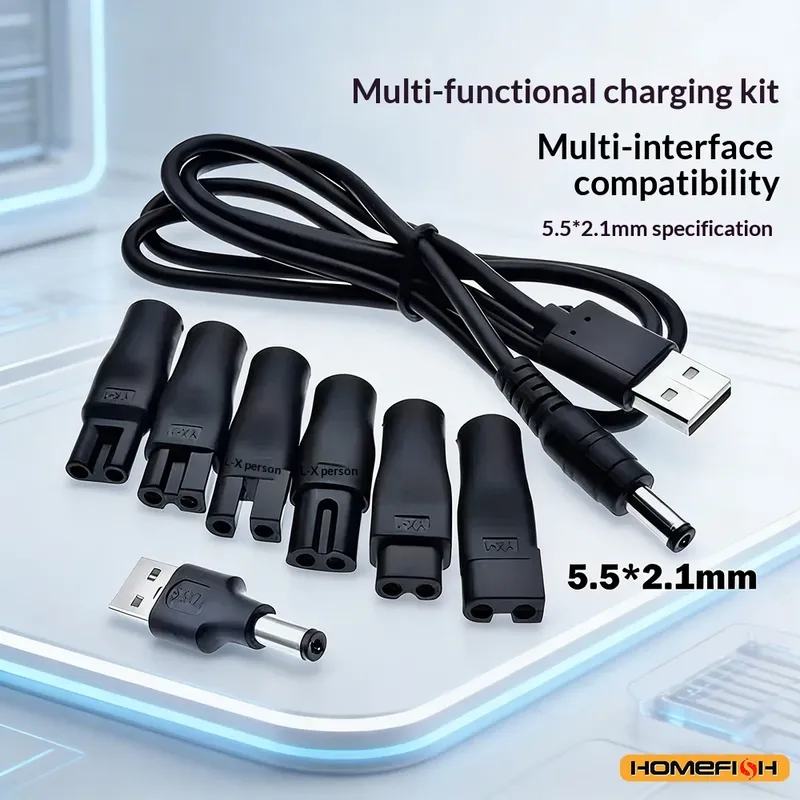 8-teiliges Universelles Ersatz-Ladegerät-Set, 5V Stromkabel & USB-Adapter für Haarschneidemaschinen, Bartschneider & Rasierer